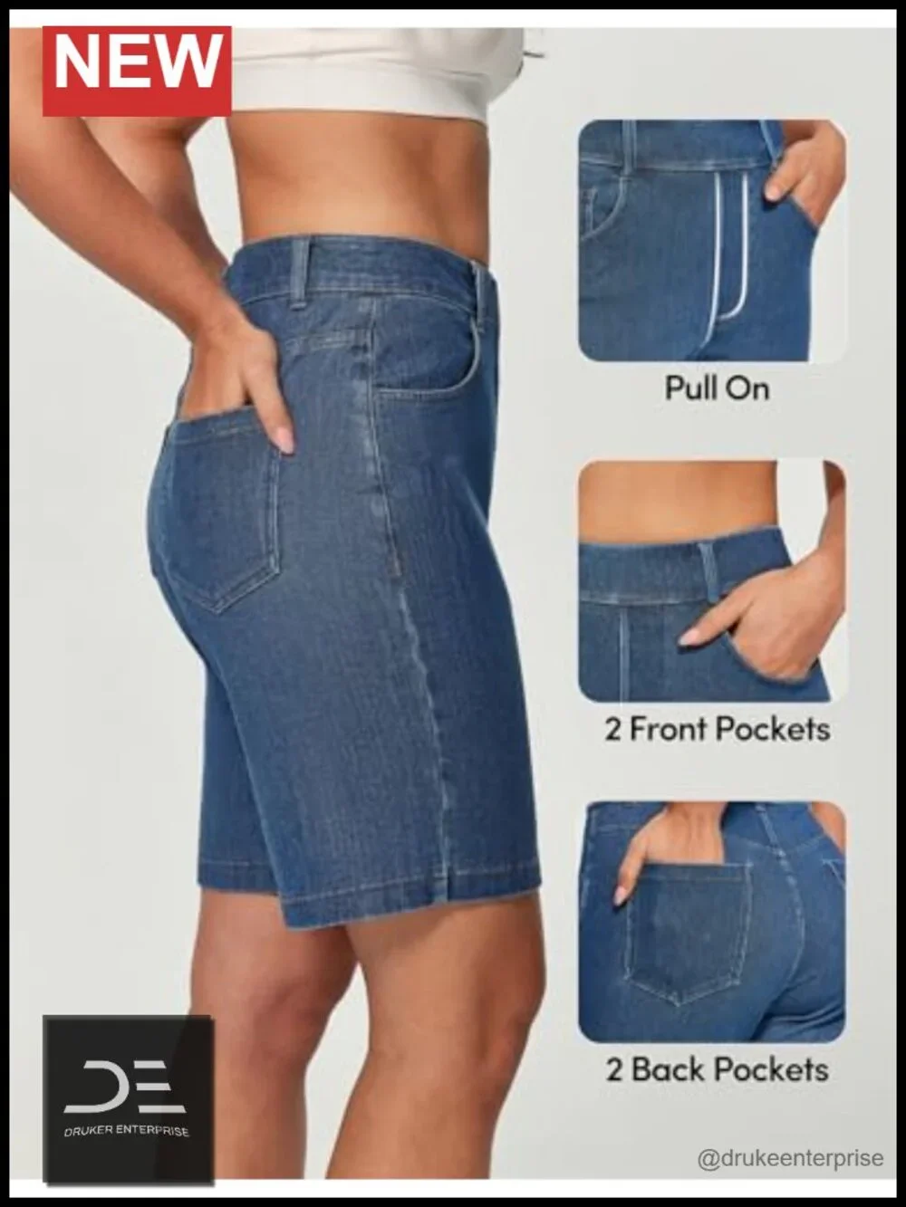 High Rise Stretchy Denim Bermuda Shorts Pull On Tummy Control Jorts
